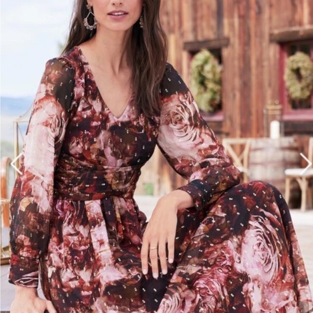 Soft Surroundings Rose Print Long Sleeve Dress SILK Sz 18 NEW